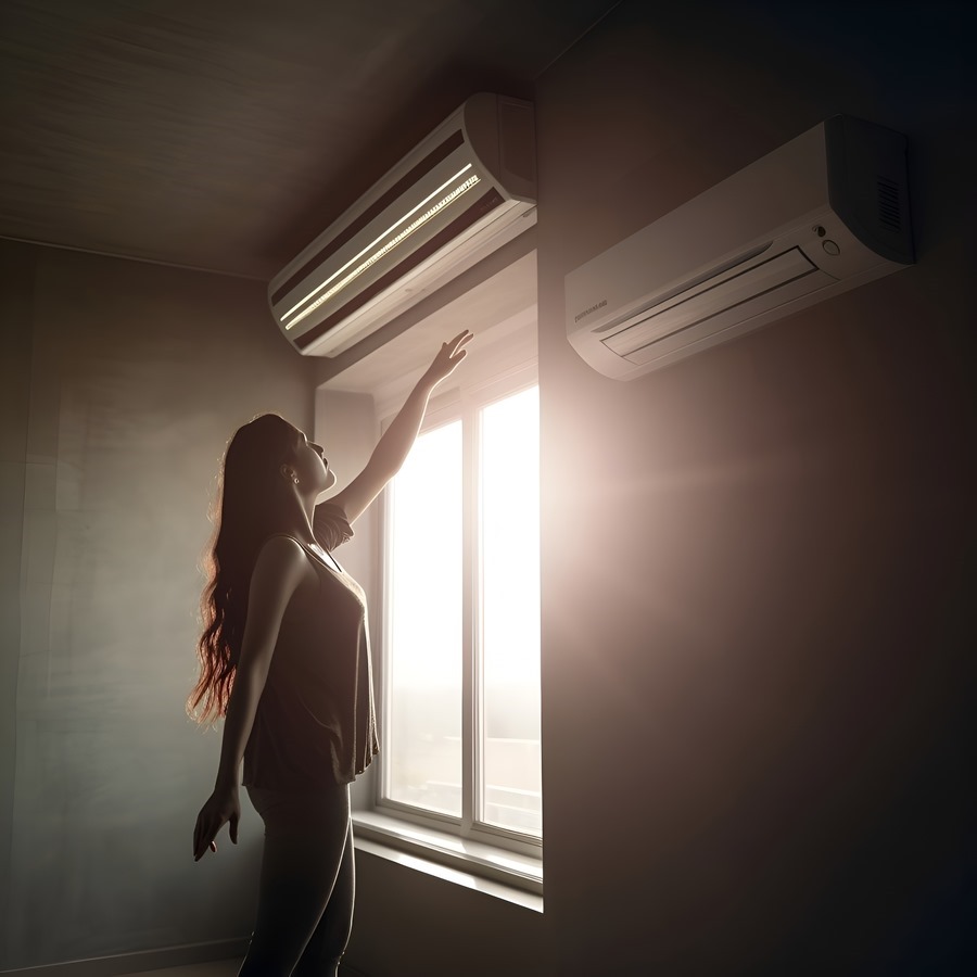 young-woman-standing-front-air-conditioner-looking-out-window